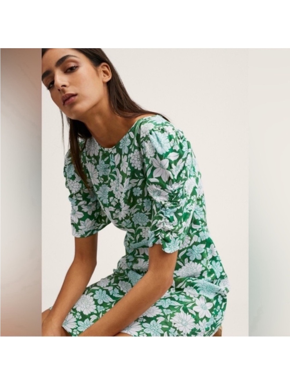 NWT Mango Floral Mini Summer Dress Sz S Green White Short Puff Sleeves Crew